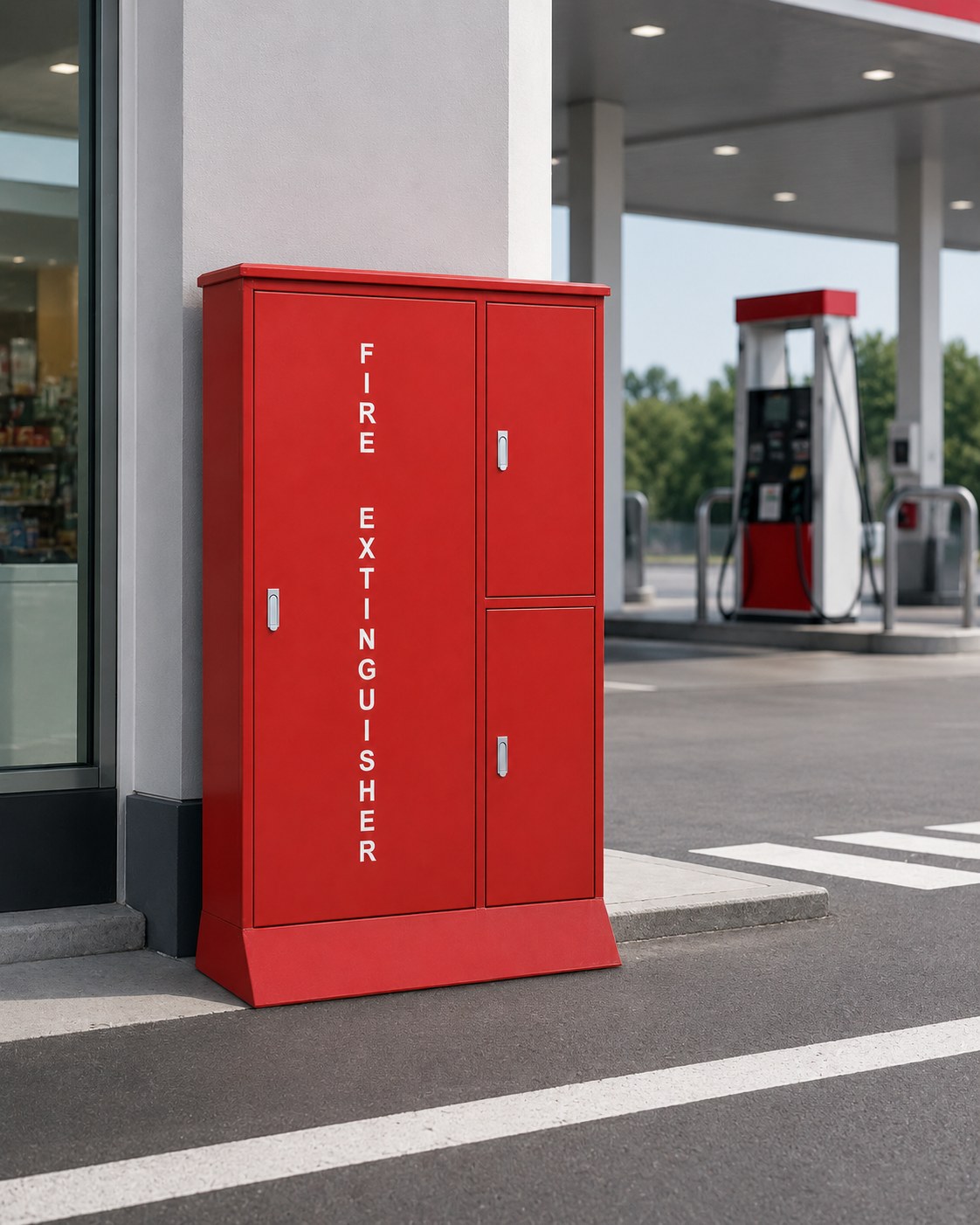 Red fire extinguisher cabinet at a petrol station forecourt
