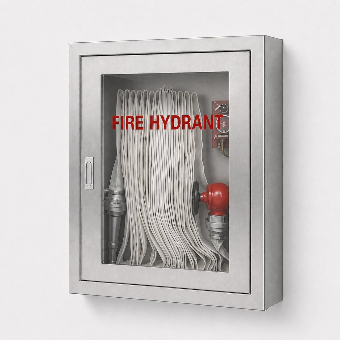 Stainless steel fire hydrant cabinet with glass door — folded hose, valve & alarm point · SOKEI L2