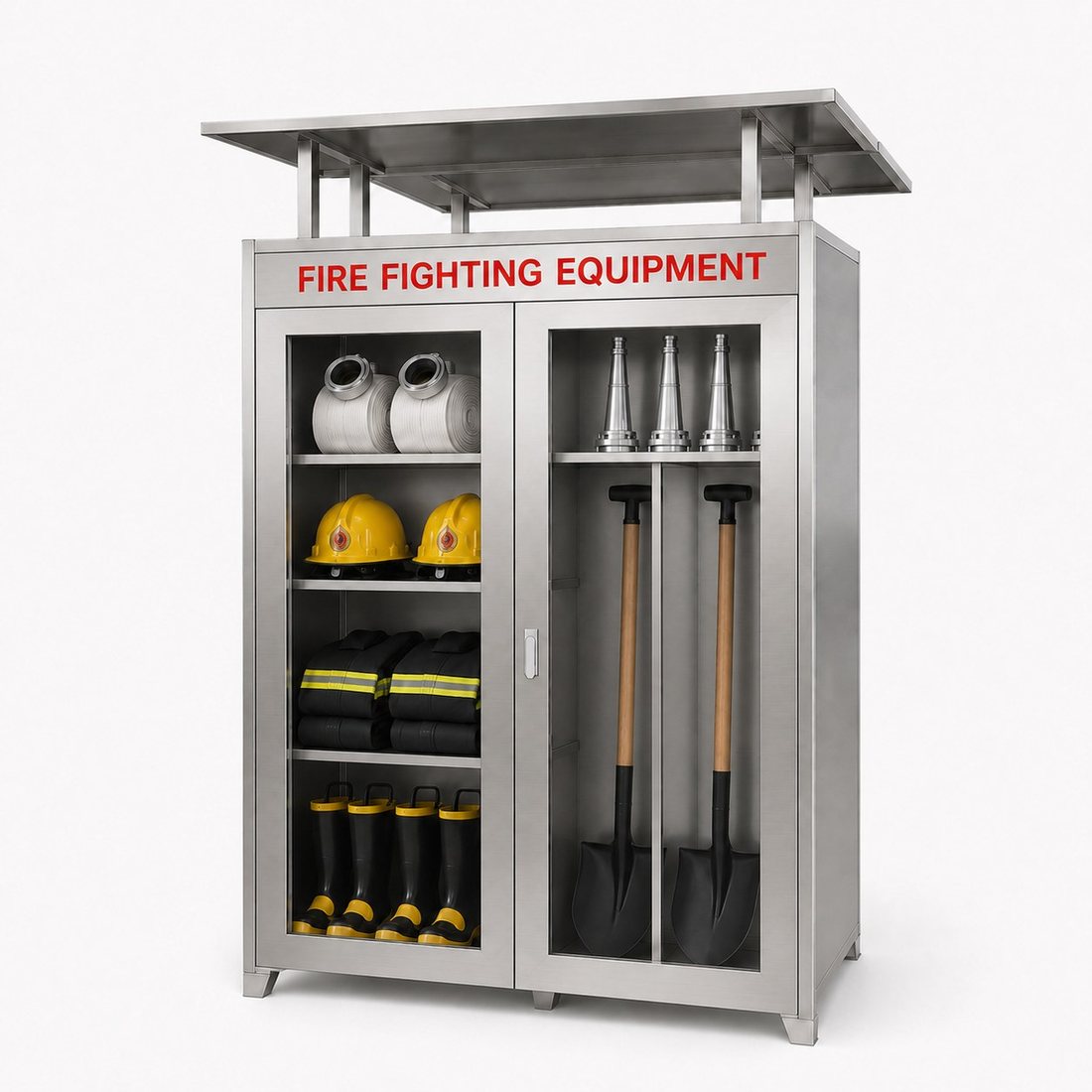 Stainless steel micro fire station with canopy — hoses, helmets, suits, boots, nozzles & shovels · SOKEI L2