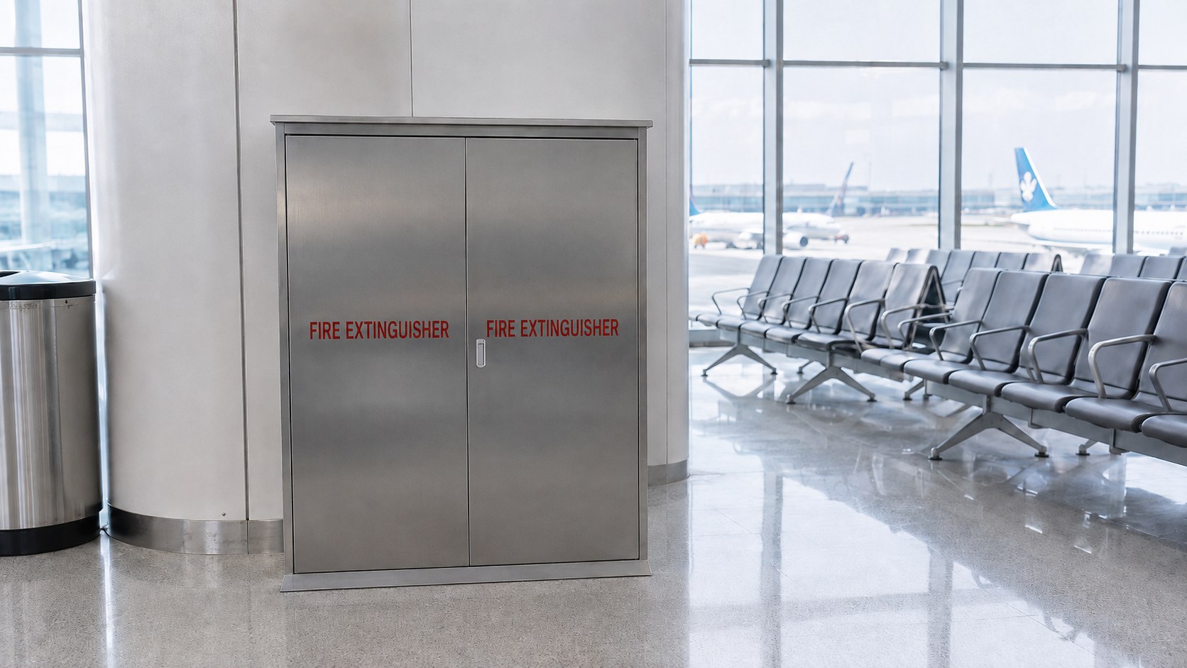 Stainless steel fire extinguisher cabinet in an airport terminal