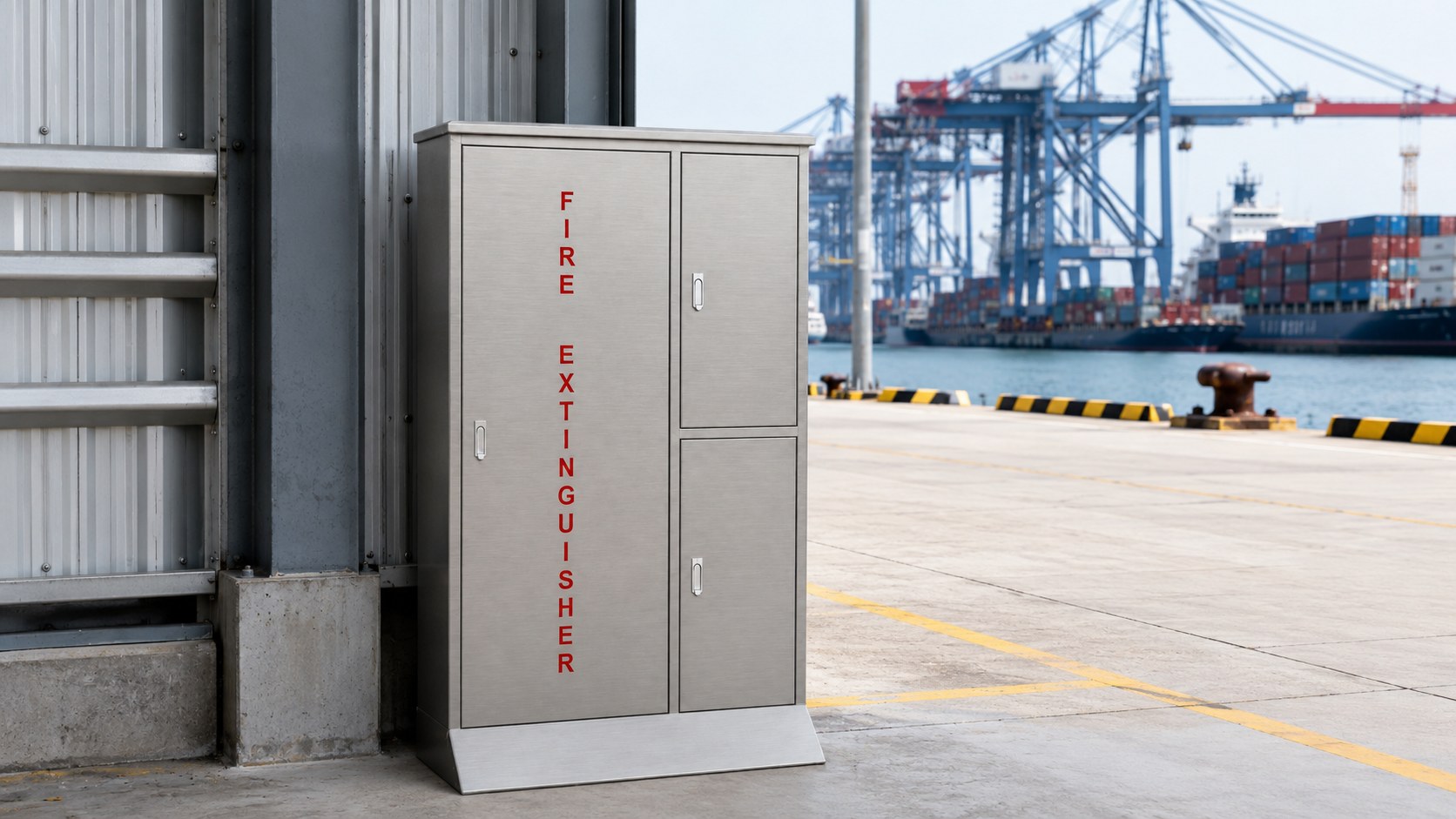 Stainless steel three-door fire extinguisher cabinet at a container terminal