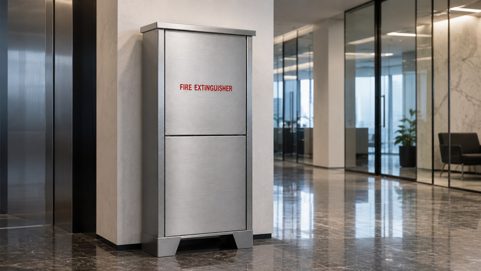 Stainless steel fire extinguisher cabinet in an office lobby