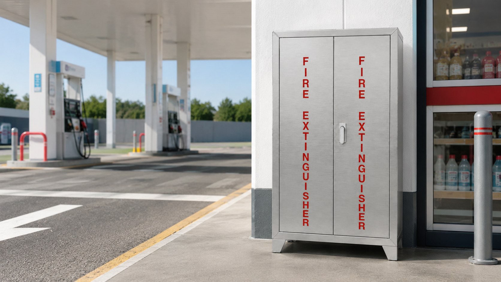 Stainless steel double-door fire extinguisher cabinet at a petrol station