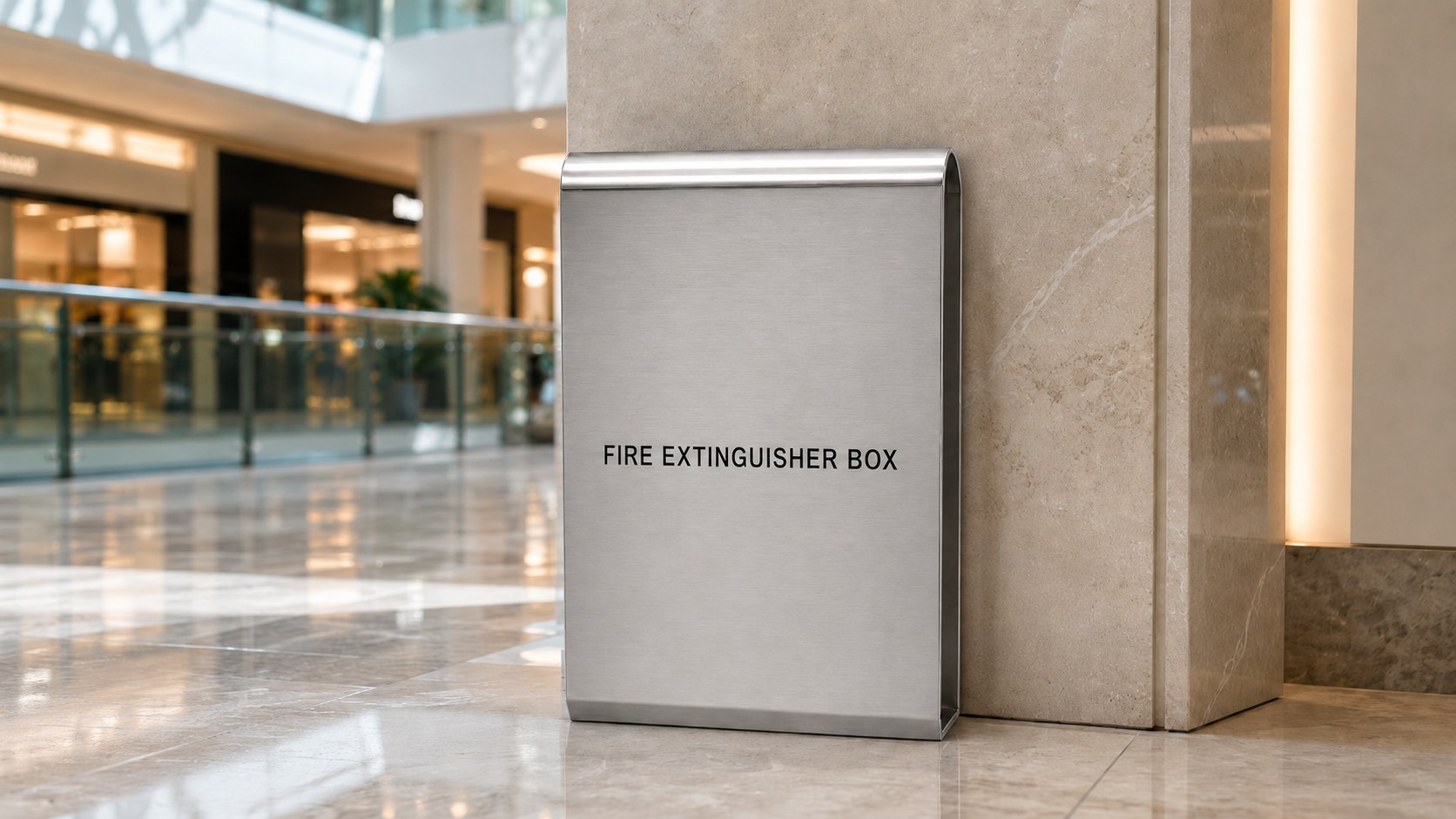 Stainless steel fire extinguisher cabinet in a shopping mall