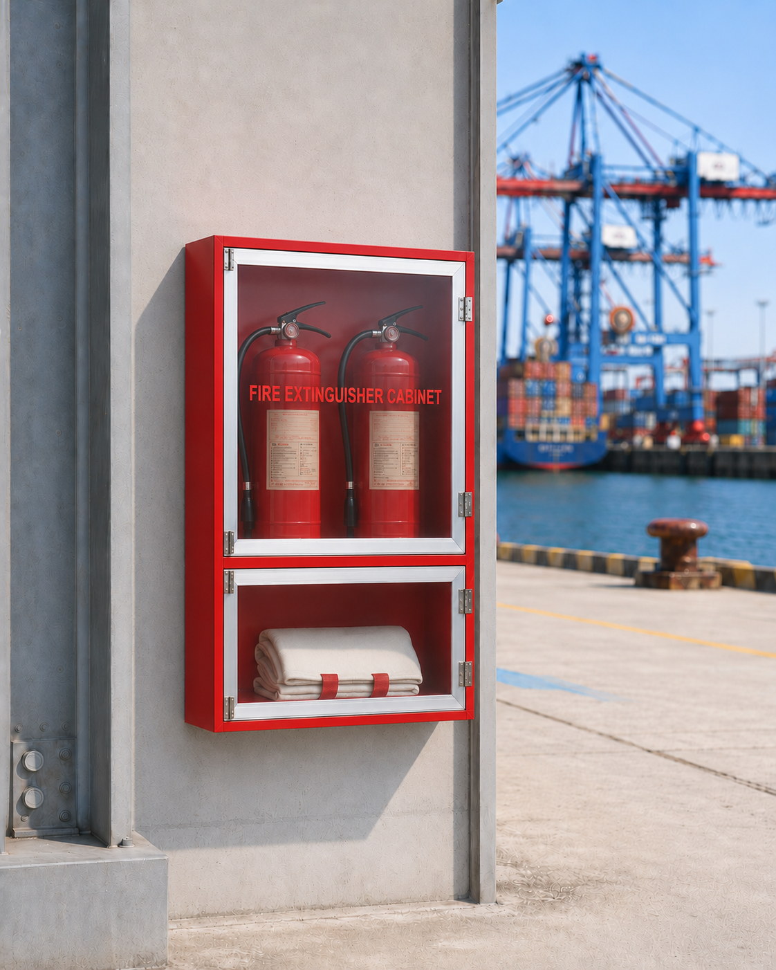 Wall-mounted glass-door fire extinguisher cabinet at a port dock