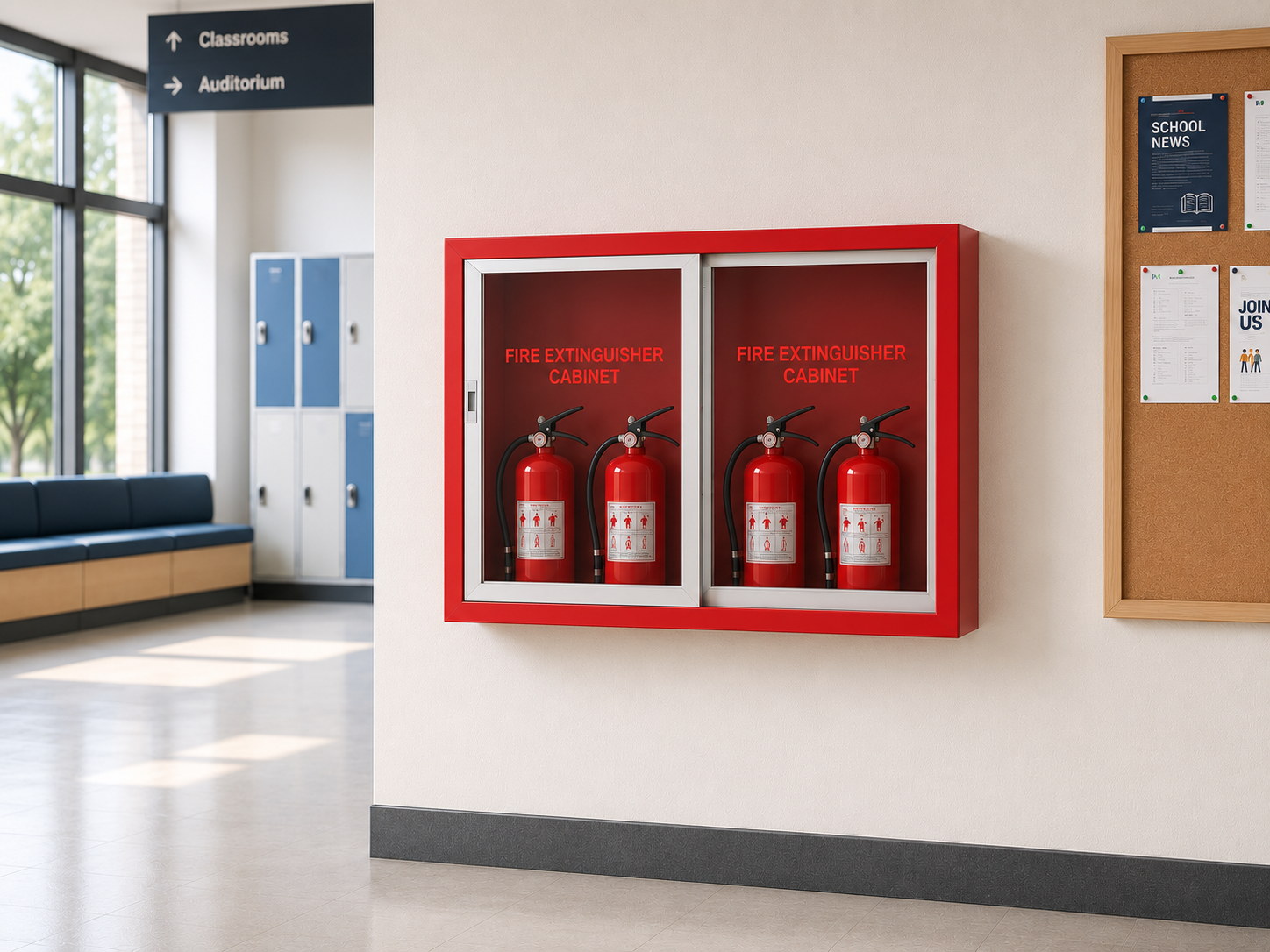 Sliding glass-door fire extinguisher cabinet in a school corridor