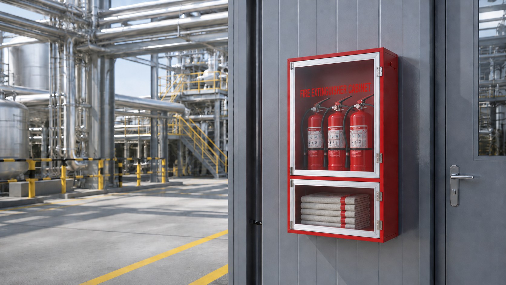 Red glass-door fire extinguisher cabinet with extinguishers and fire blankets at a petrochemical plant