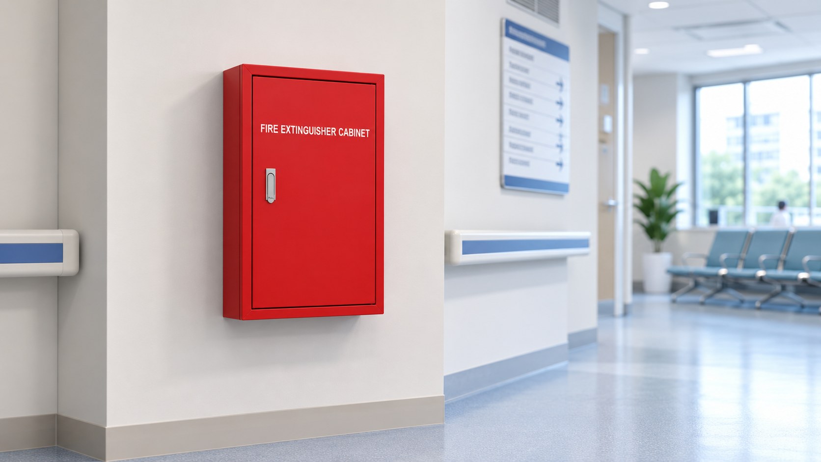 Red single-door fire extinguisher cabinet in a hospital corridor