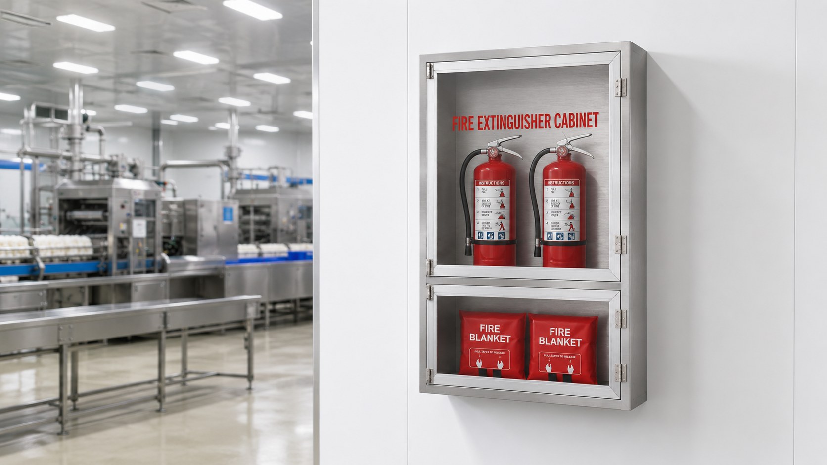 Stainless steel fire extinguisher and fire blanket cabinet in a food production plant