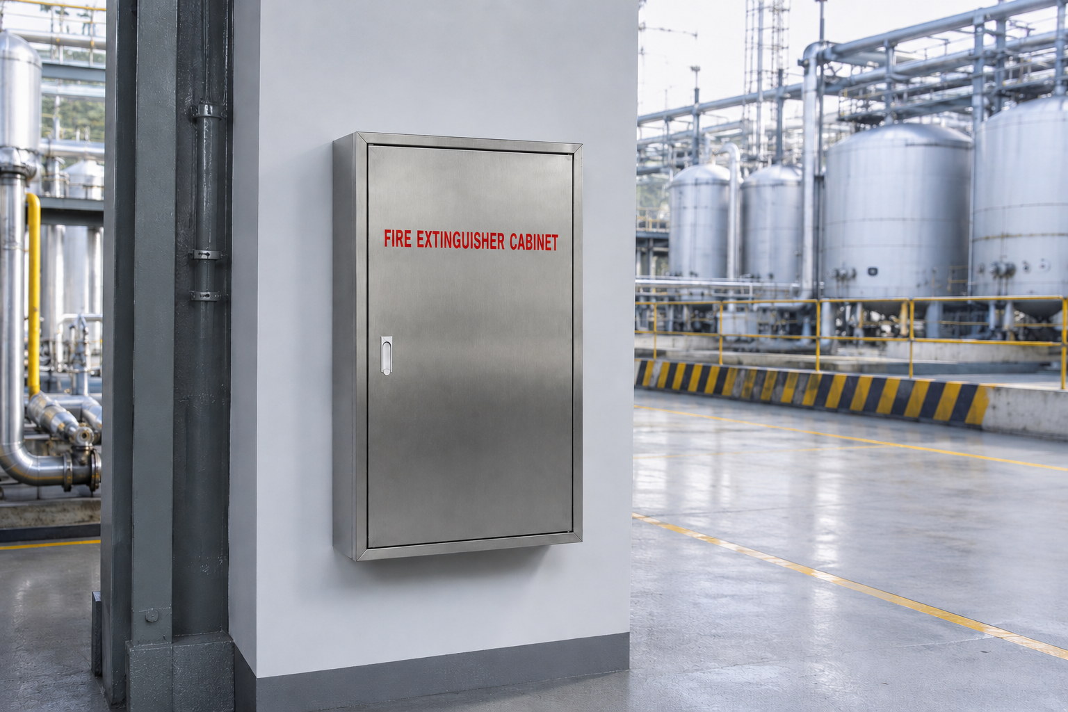 Stainless steel fire extinguisher cabinet at a chemical plant