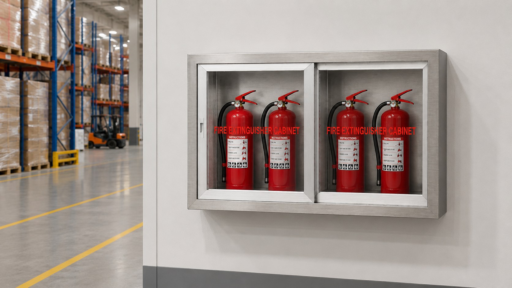 Recessed stainless steel glass-door fire extinguisher cabinet in a warehouse