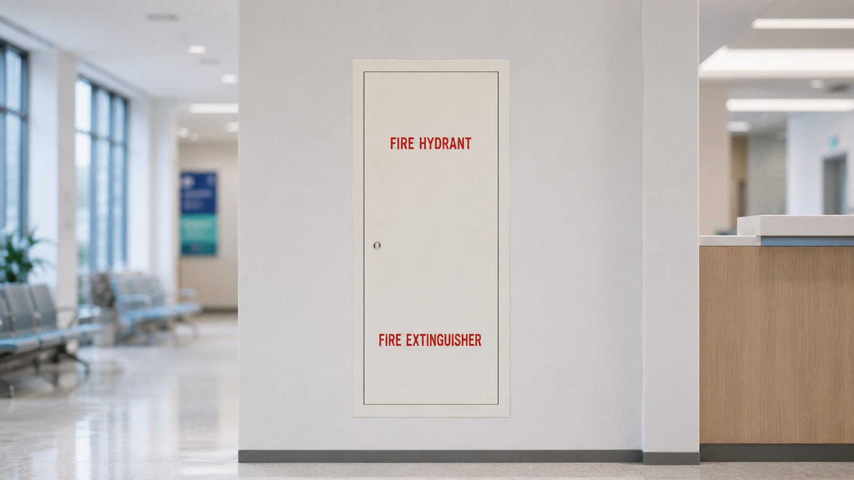 White recessed fire hose and extinguisher cabinet in a hospital corridor