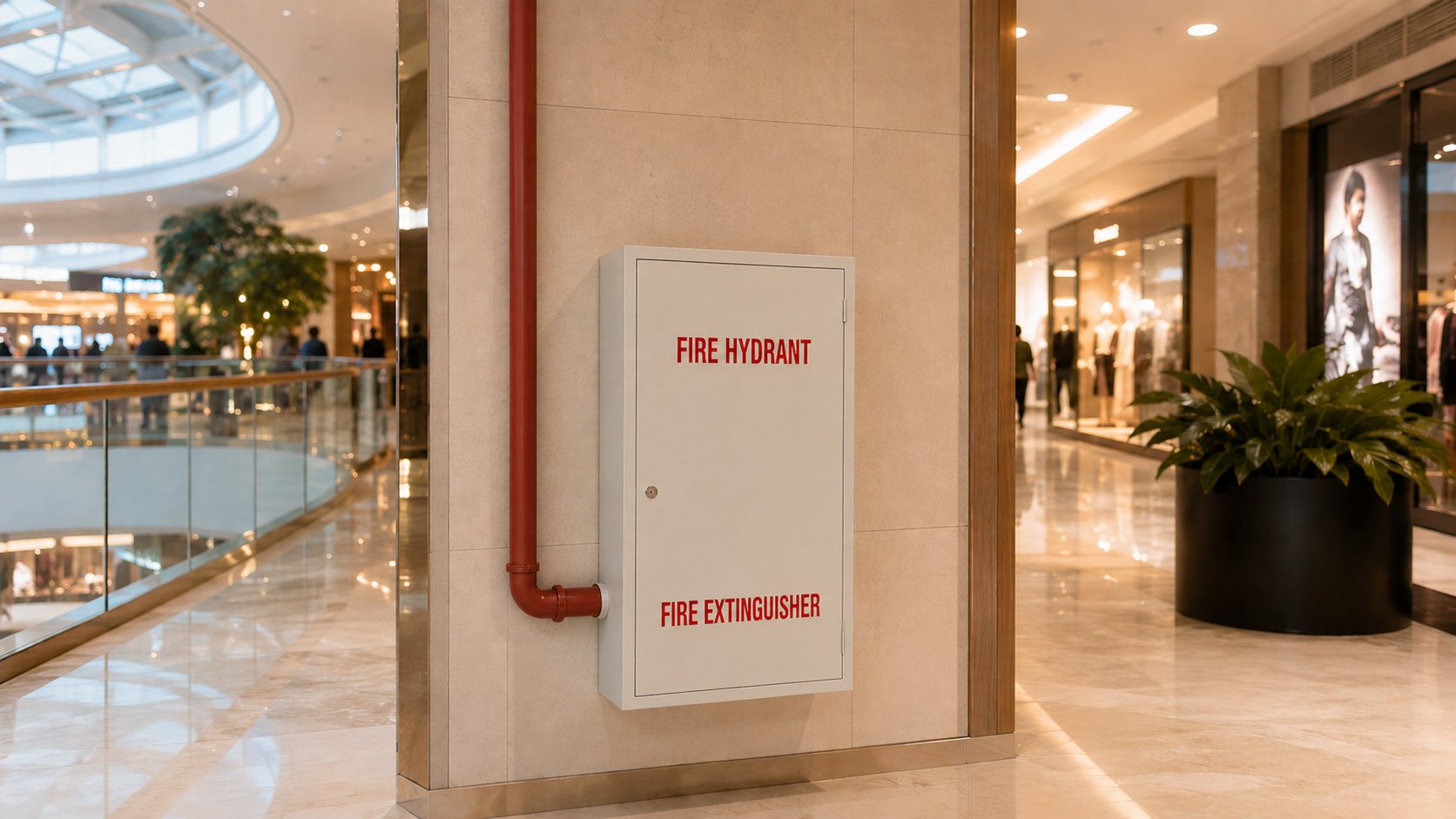 Recessed fire hose cabinet with extinguisher compartment installed flush in a mall wall
