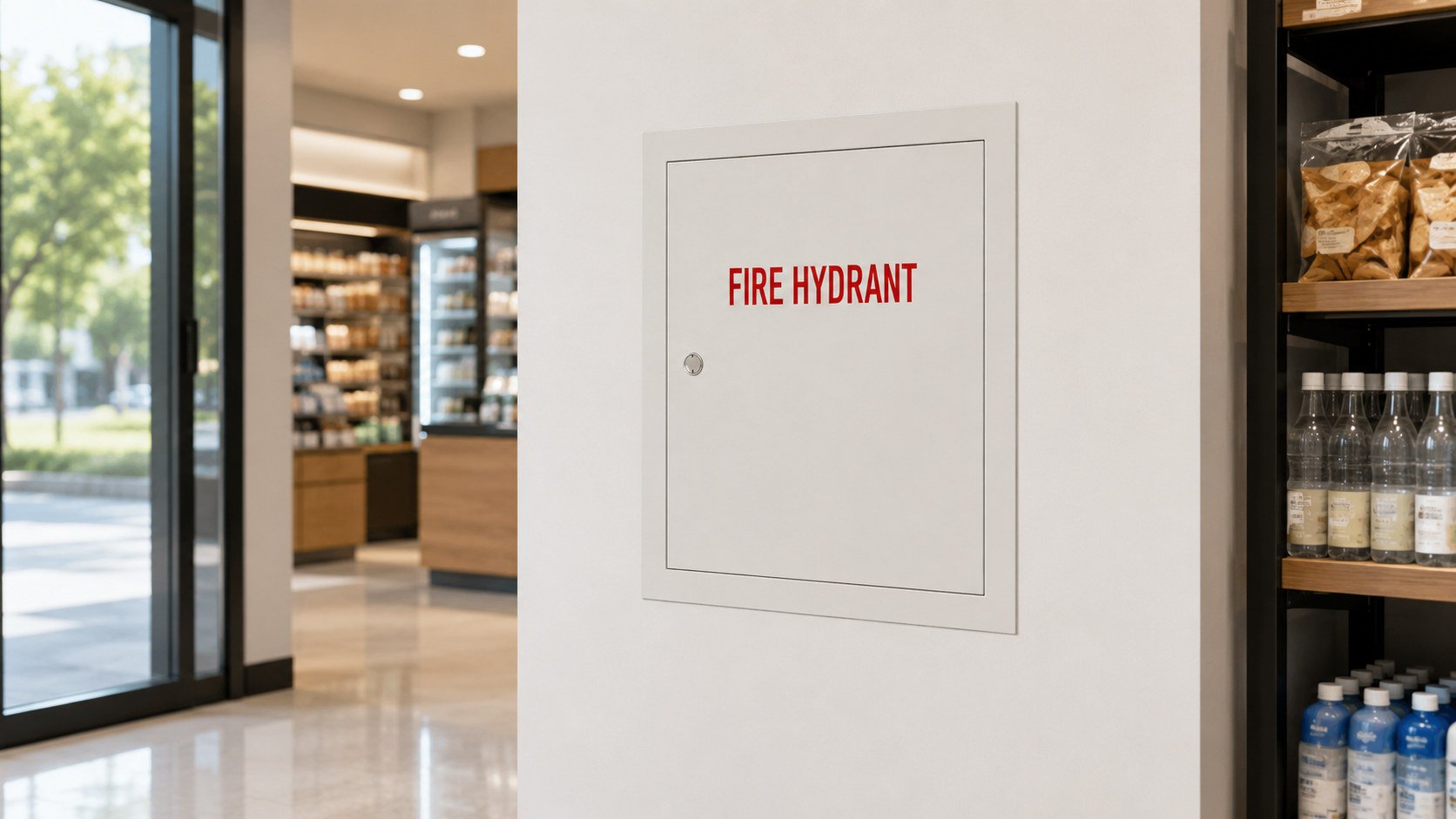 White recessed fire hydrant cabinet in a retail store
