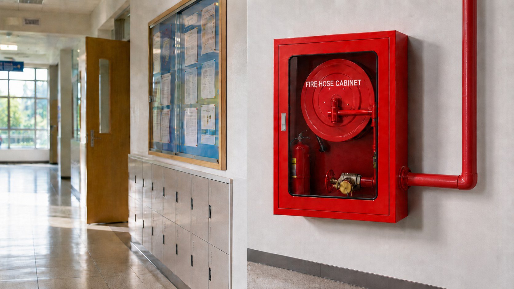 Red glass-door fire hose cabinet in a school corridor