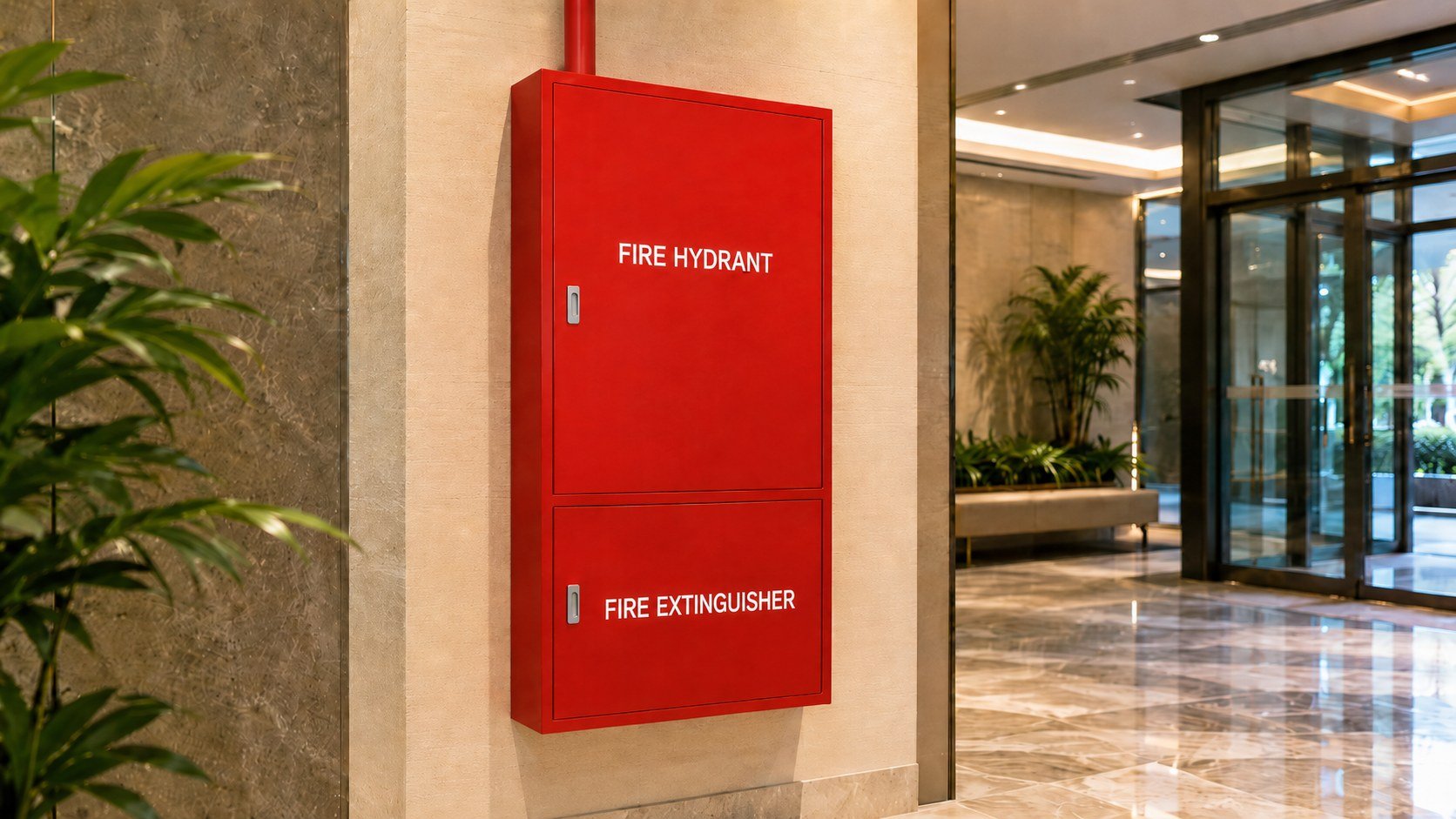 Red fire hydrant and extinguisher cabinet recessed in a hotel lobby wall