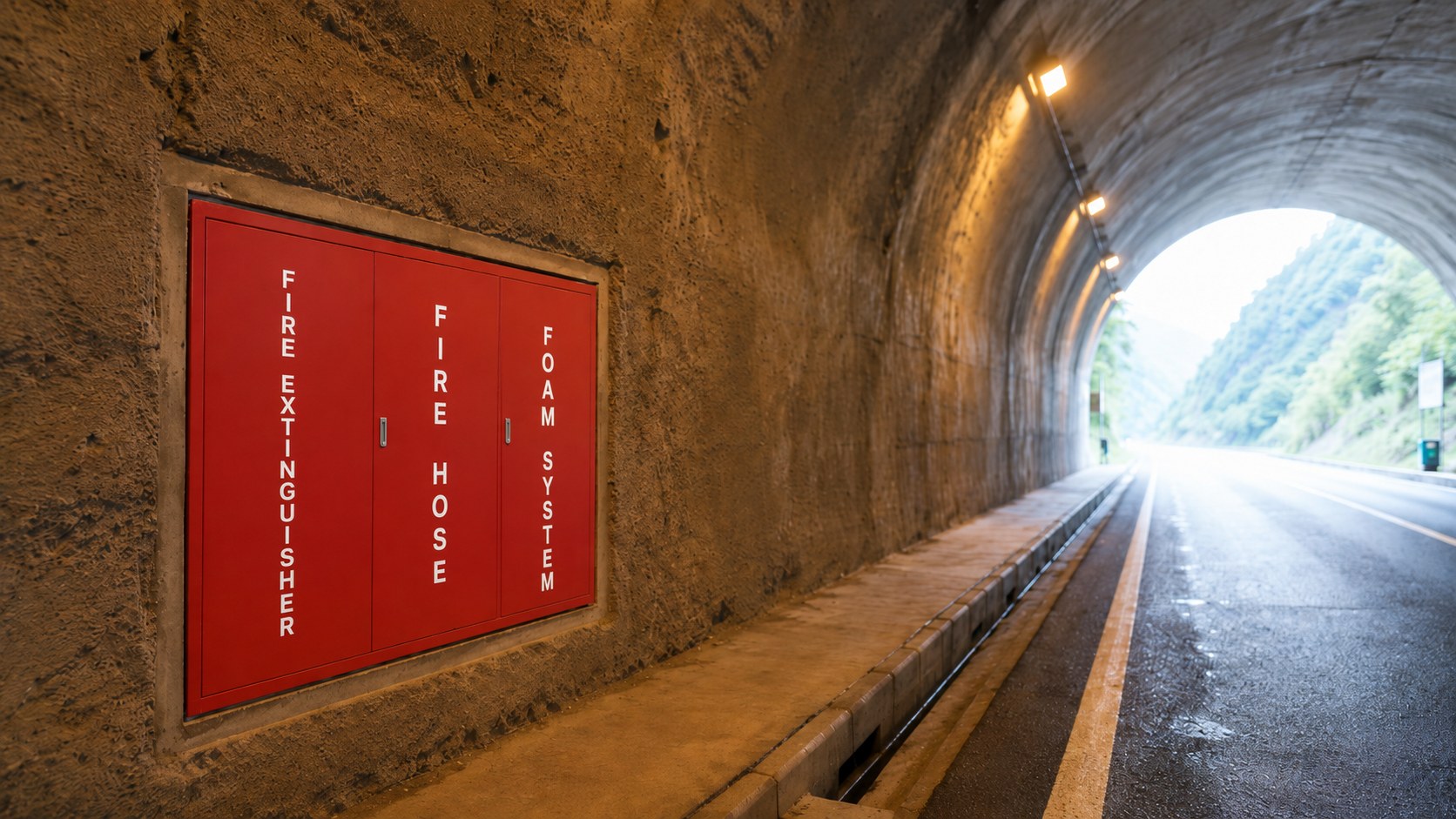 Red three-door foam hydrant cabinet recessed in a mountain road tunnel wall