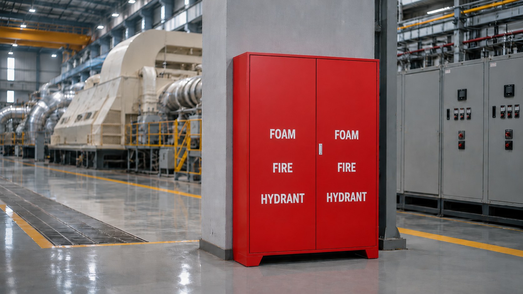 Free-standing red foam fire hydrant cabinet in a power plant turbine hall