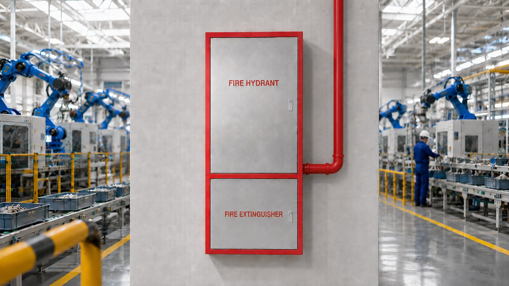 Red-frame stainless steel fire hydrant and extinguisher cabinet on a factory floor