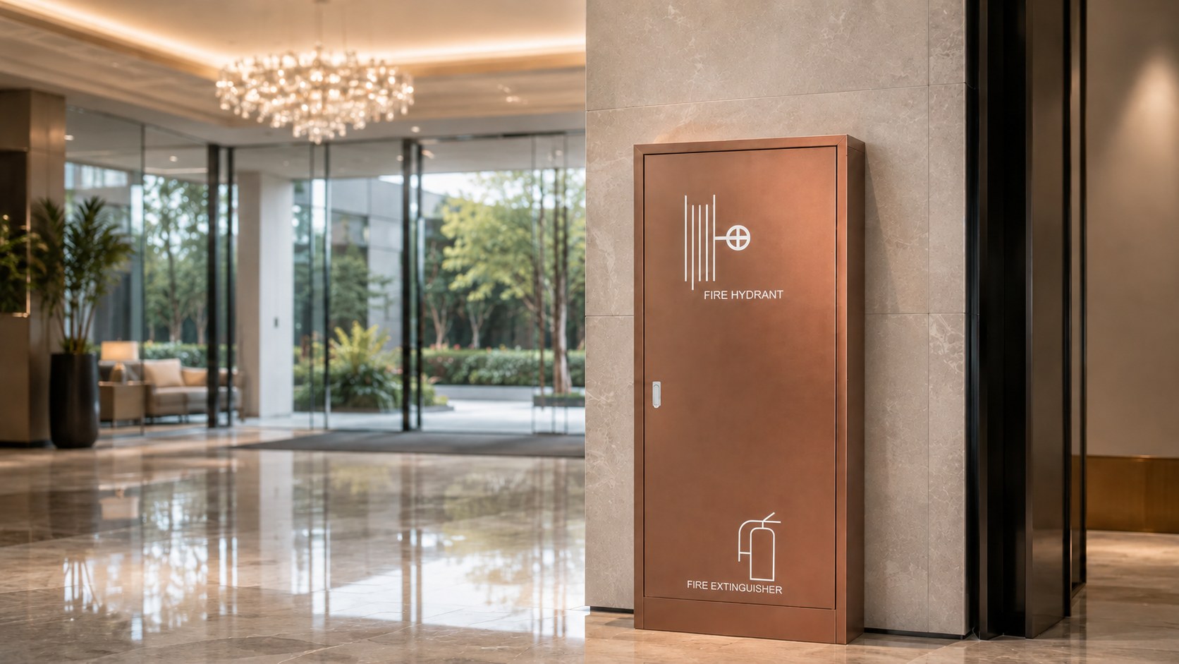 Rose gold fire hydrant extinguisher cabinet hotel lobby