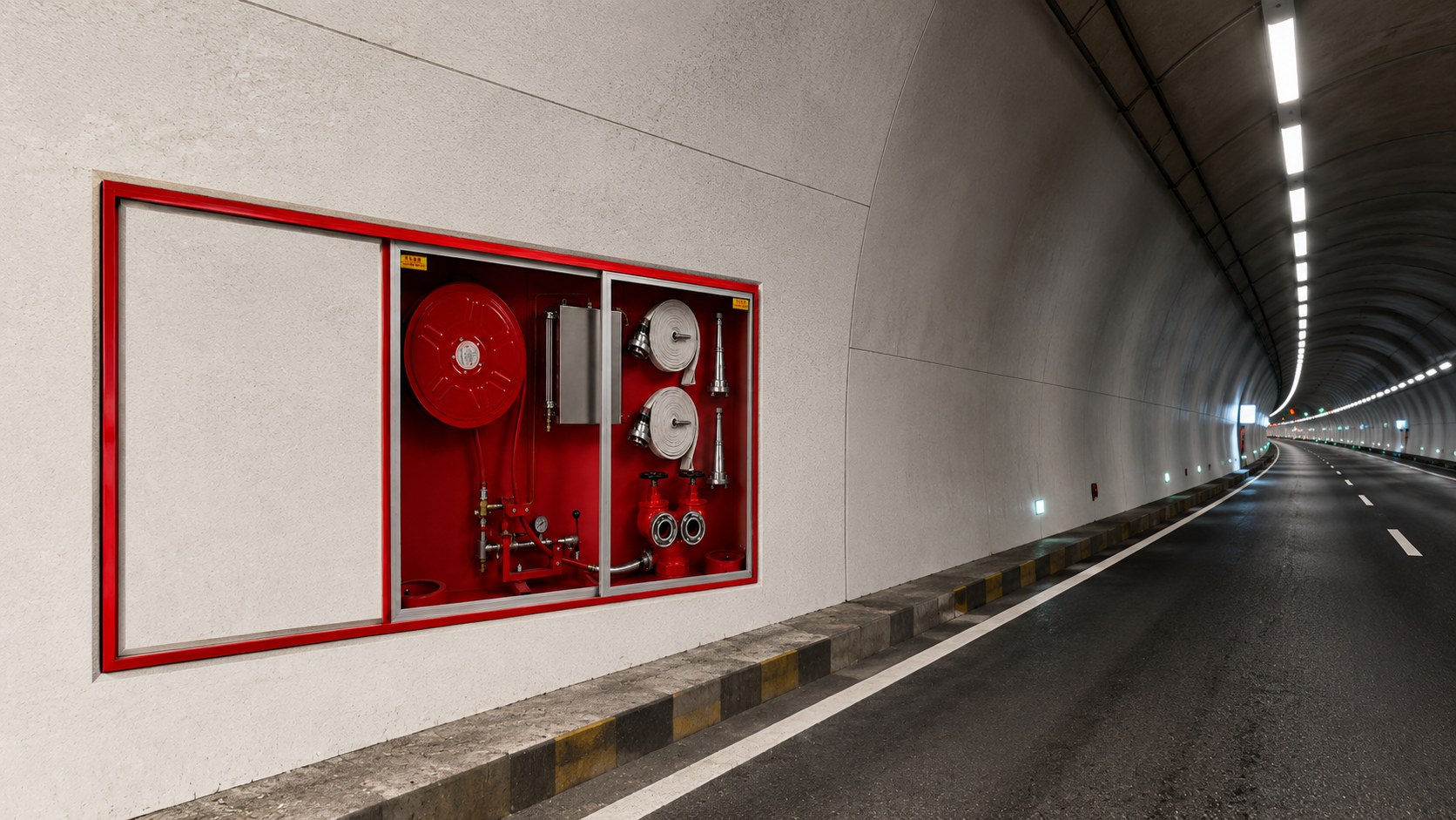 SOKEI sliding-door foam fire hydrant cabinet recessed in a road tunnel wall, door slid open showing the hose reel, foam proportioner and hydrant valves