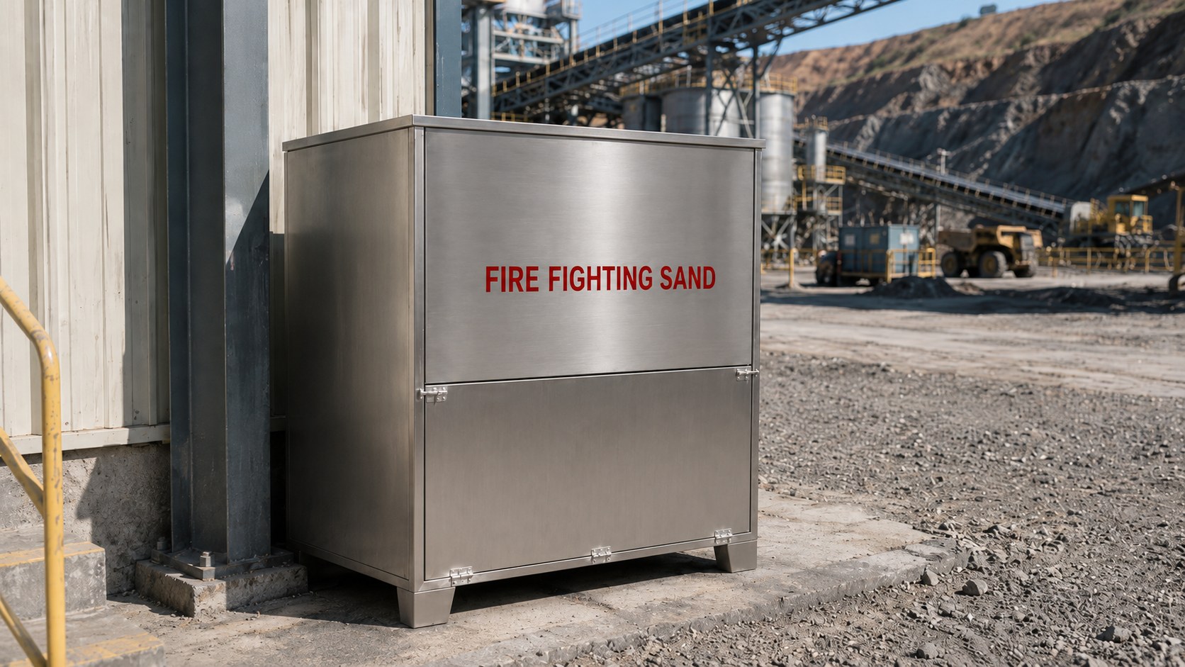 Heavy-duty stainless steel fire fighting sand box with drop door at a mining site
