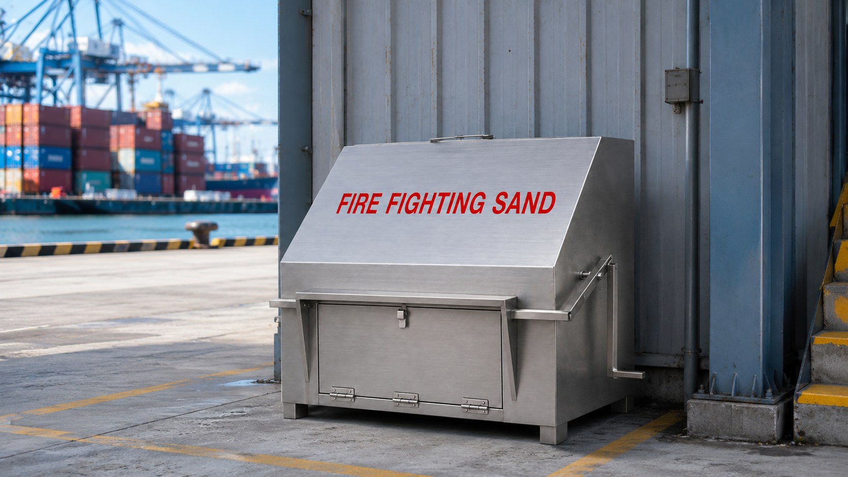 Sloped-lid stainless steel fire fighting sand box at a container port