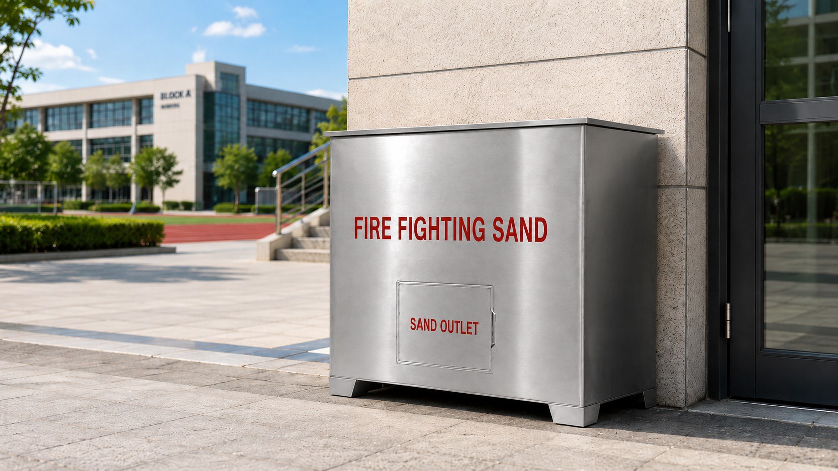 Stainless steel fire fighting sand box with sand outlet outside a campus building