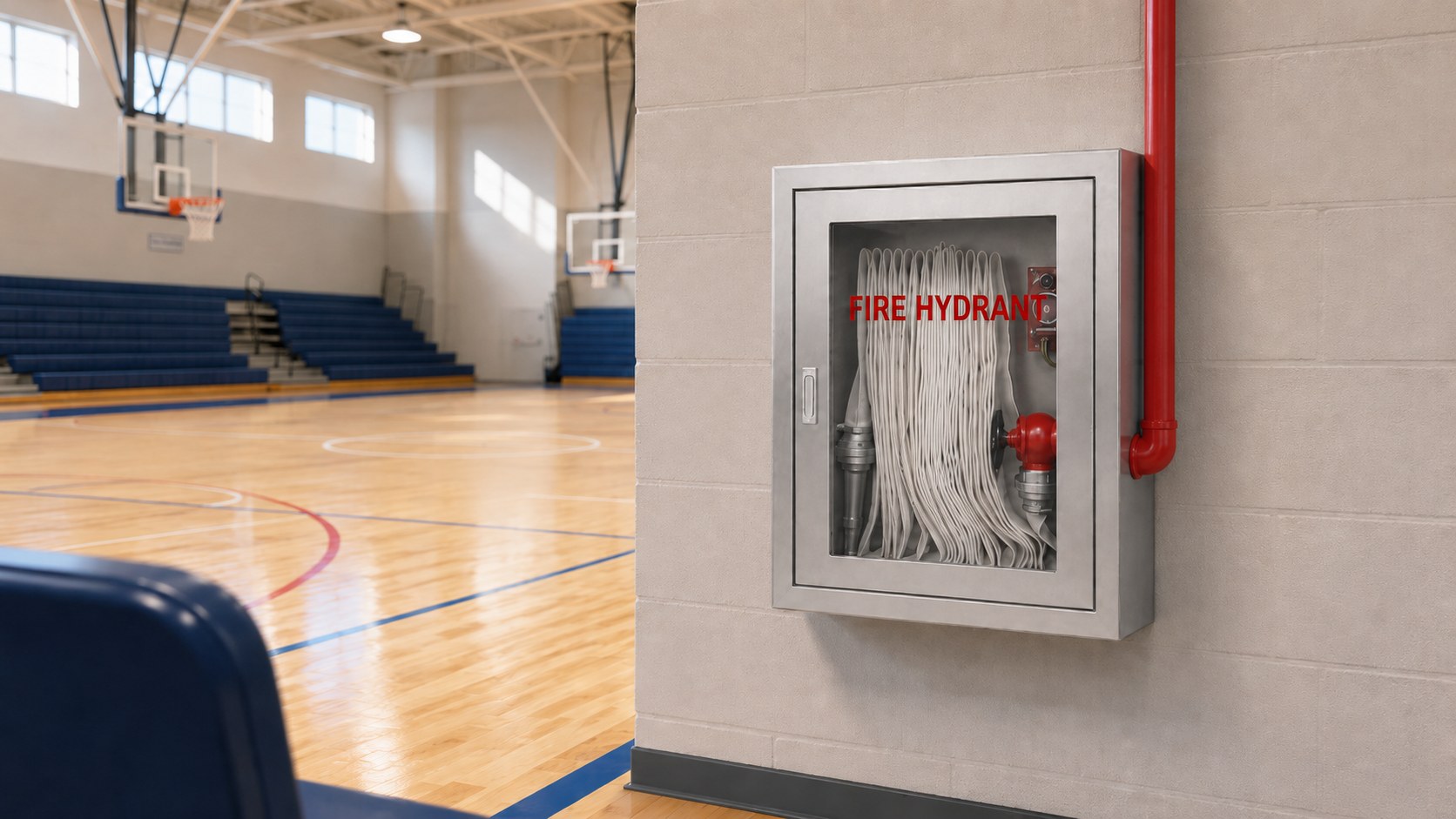 Glass-door stainless steel fire hose cabinet in a school gymnasium