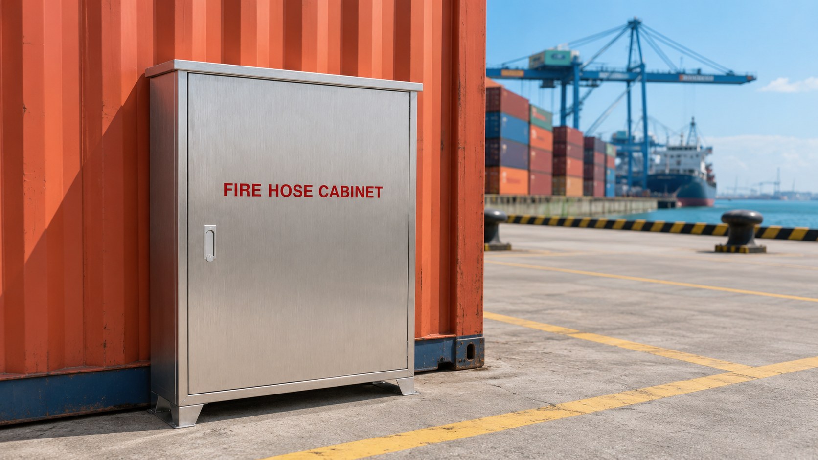 Stainless steel fire hose cabinet beside containers at a port terminal