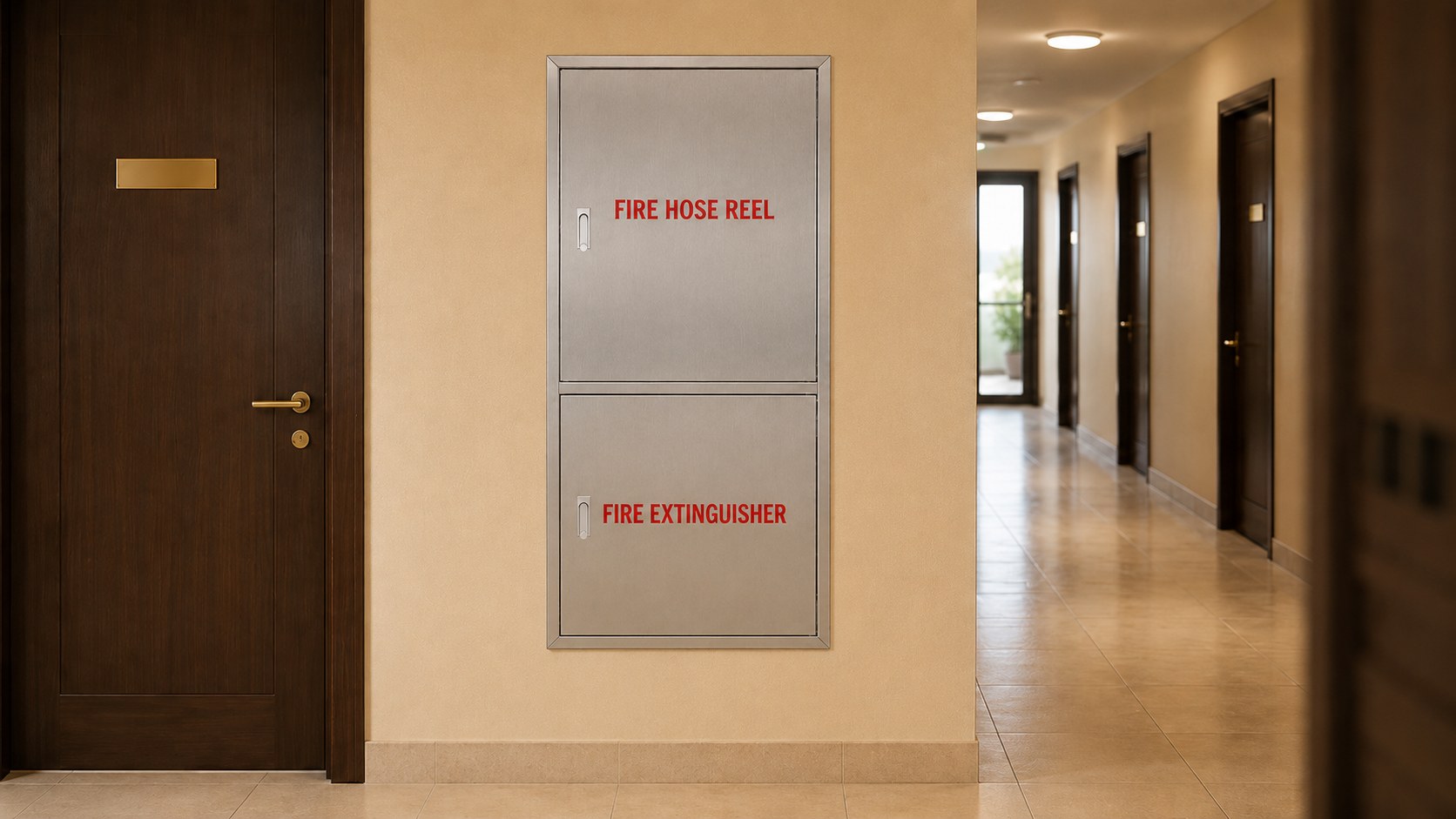 Recessed stainless steel fire hose reel and extinguisher cabinet in an office corridor