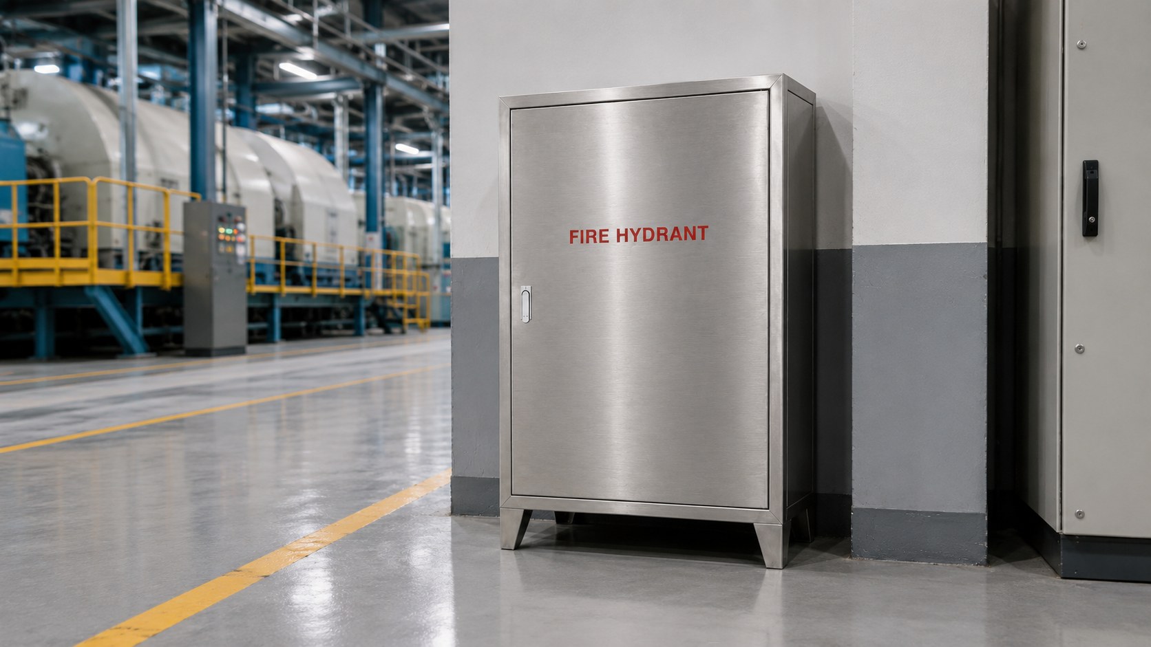 Floor-standing stainless steel fire hydrant cabinet in an industrial plant