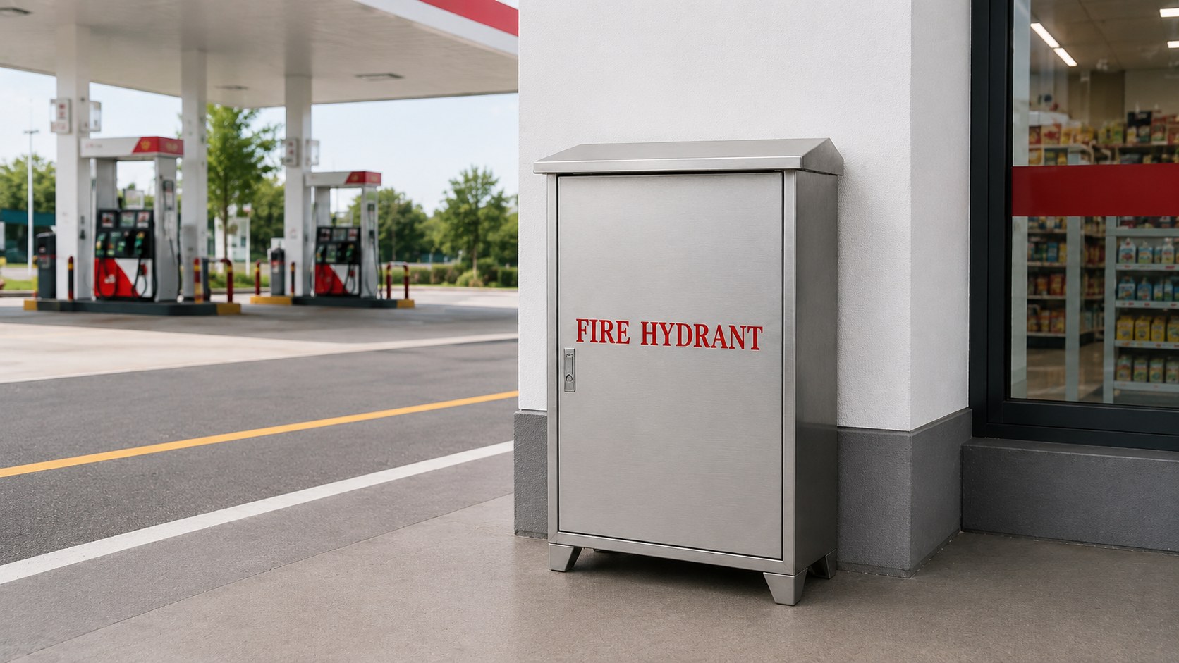 Free-standing sloped-top stainless steel fire hydrant cabinet at a gas station forecourt