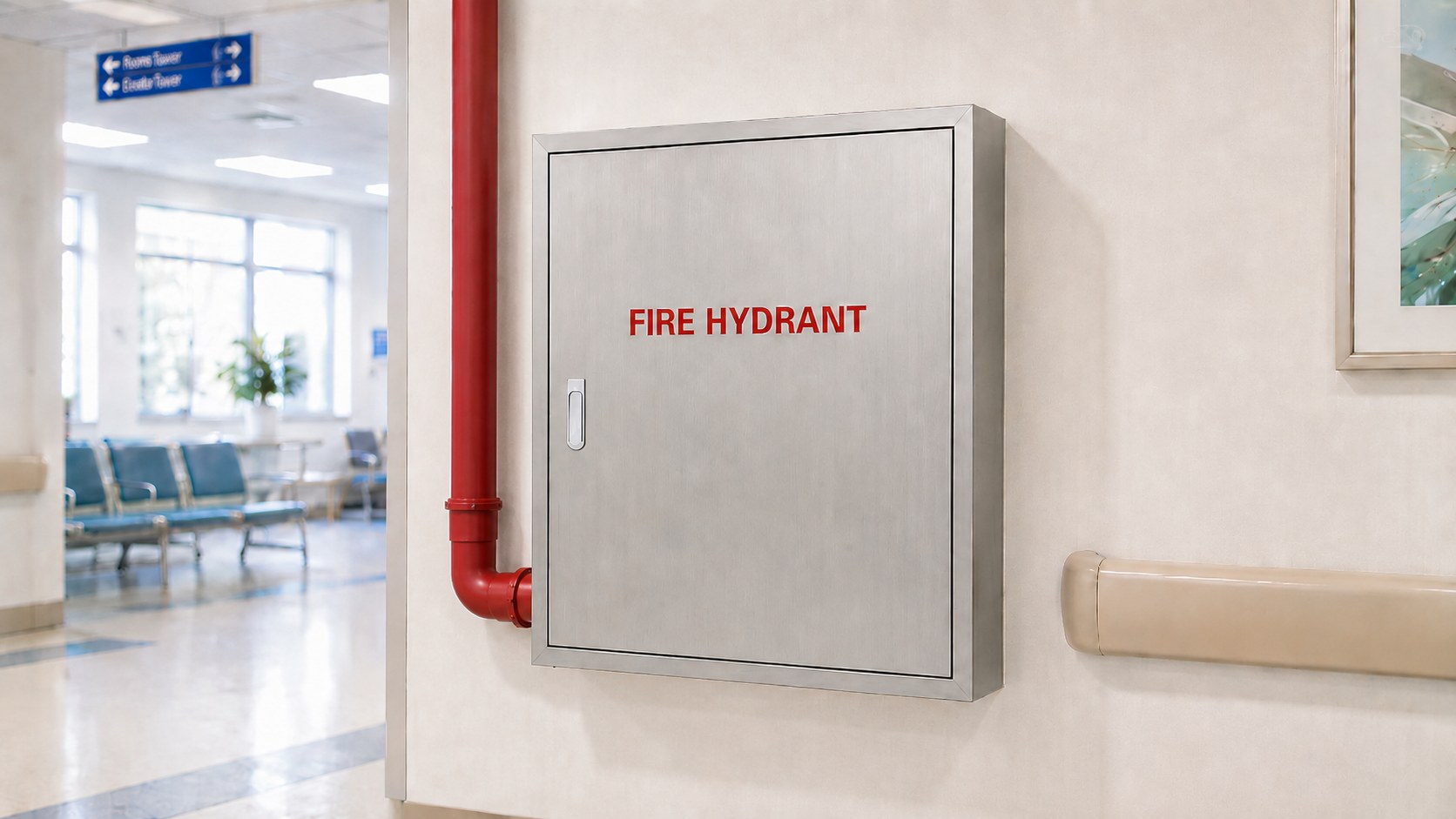 Wall-mounted square stainless steel fire hydrant cabinet in a hospital corridor