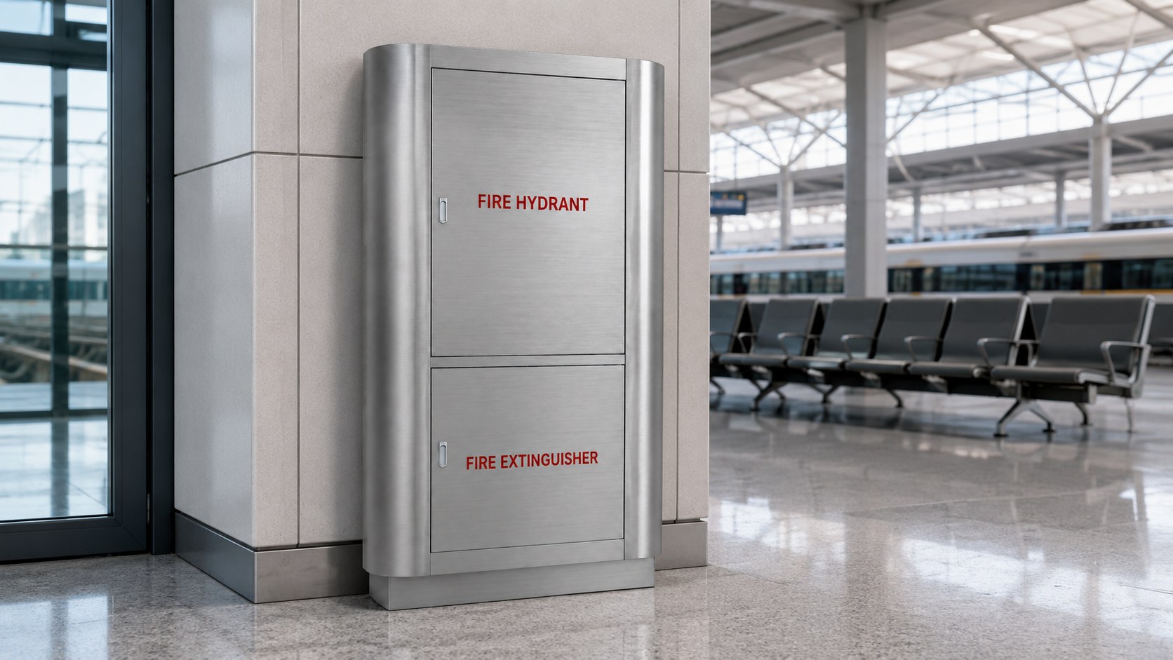 Tall stainless steel fire hydrant and extinguisher cabinet at a railway station concourse