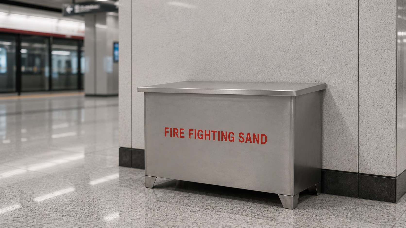 Stainless steel flip-lid fire fighting sand box on a metro station platform