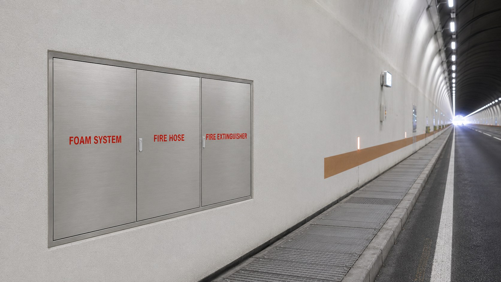Brushed stainless steel three-door foam system cabinet recessed in a road tunnel