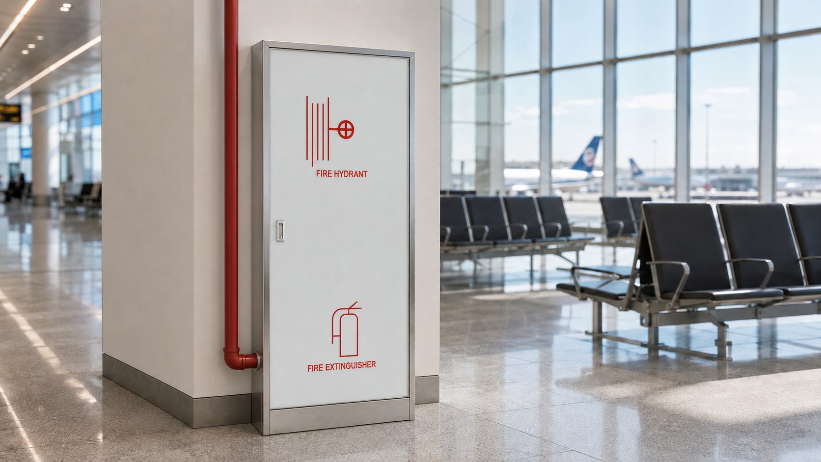 Stainless steel fire hydrant and extinguisher cabinet with pictogram door at an airport terminal