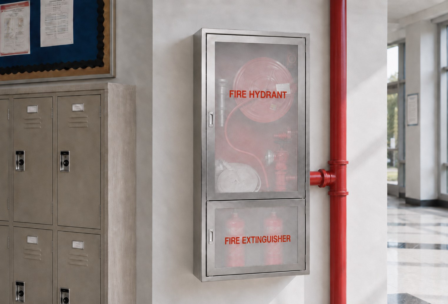 Glass-door stainless steel fire hydrant cabinet in a school corridor