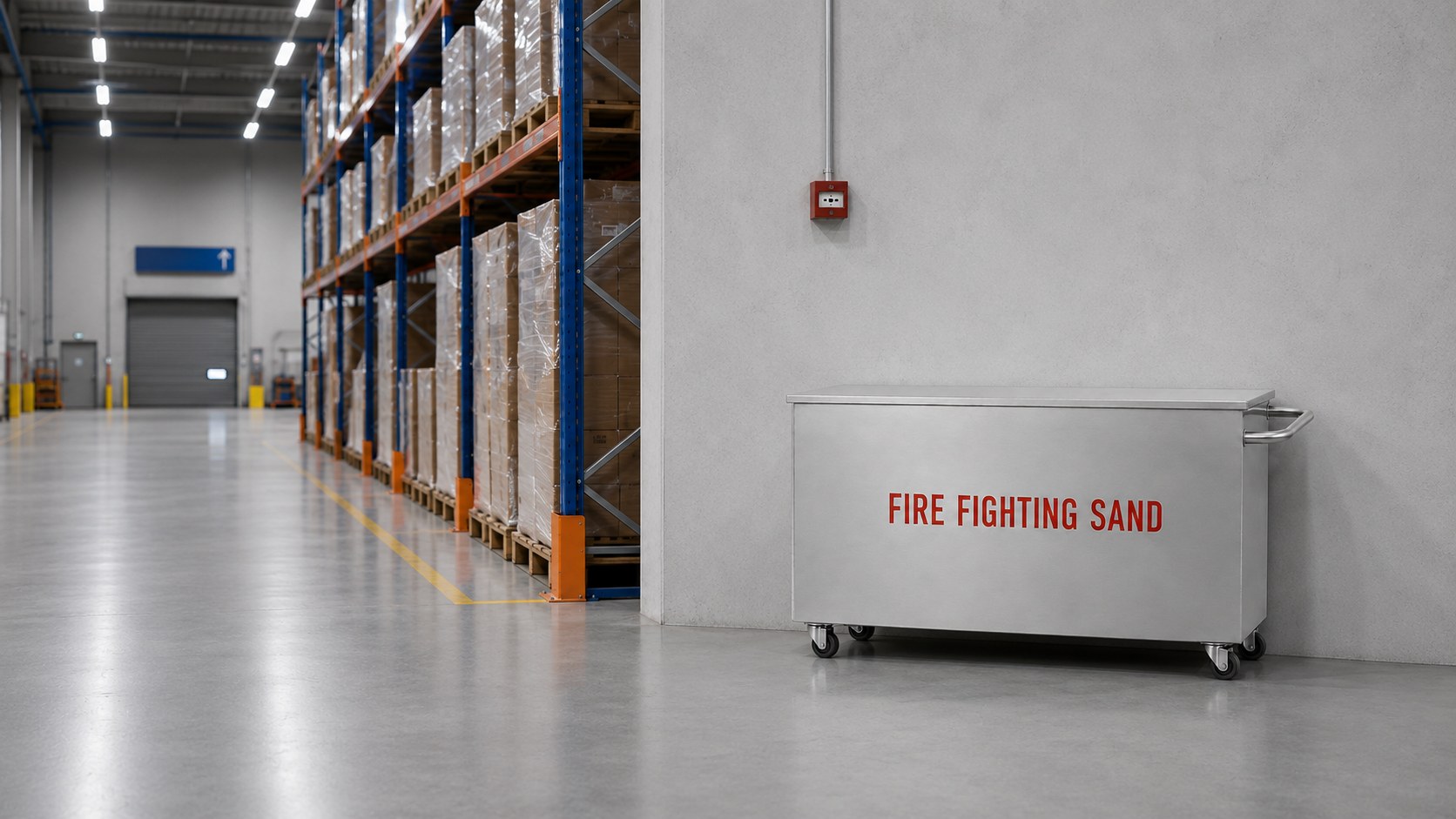 Mobile stainless steel fire fighting sand box on castors in a racked warehouse
