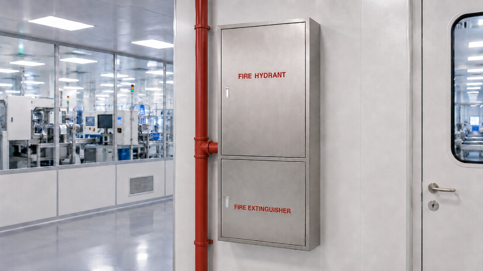 Wall-mounted stainless steel fire hydrant and extinguisher cabinet in a cleanroom corridor