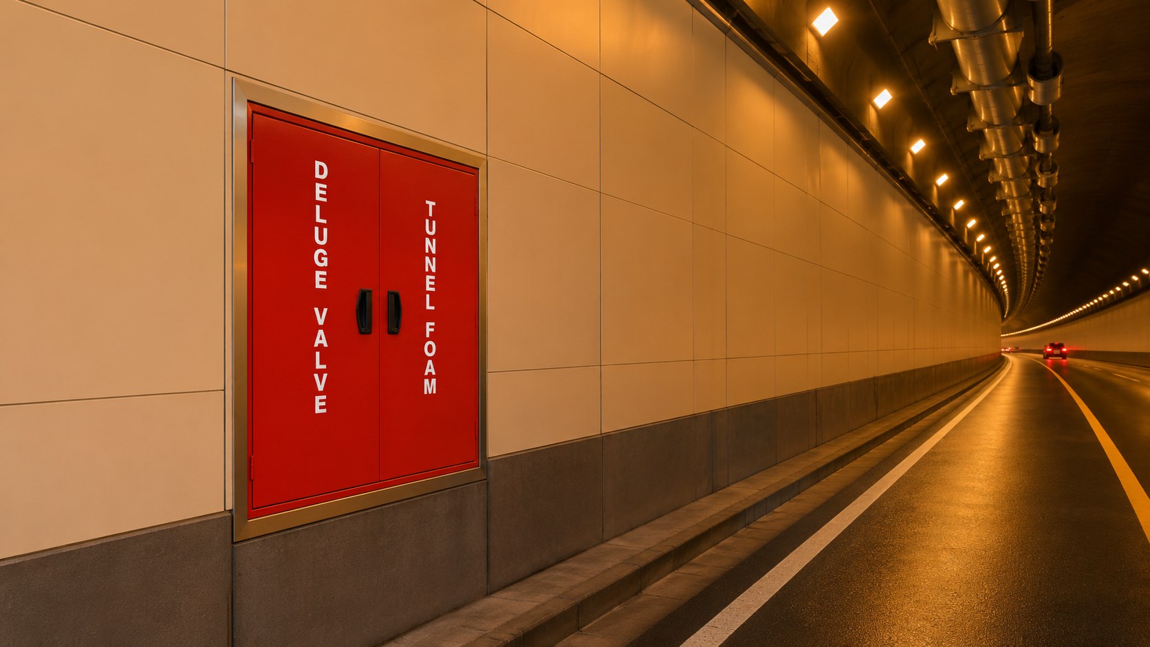 Red deluge valve and tunnel foam cabinet recessed in a city tunnel wall