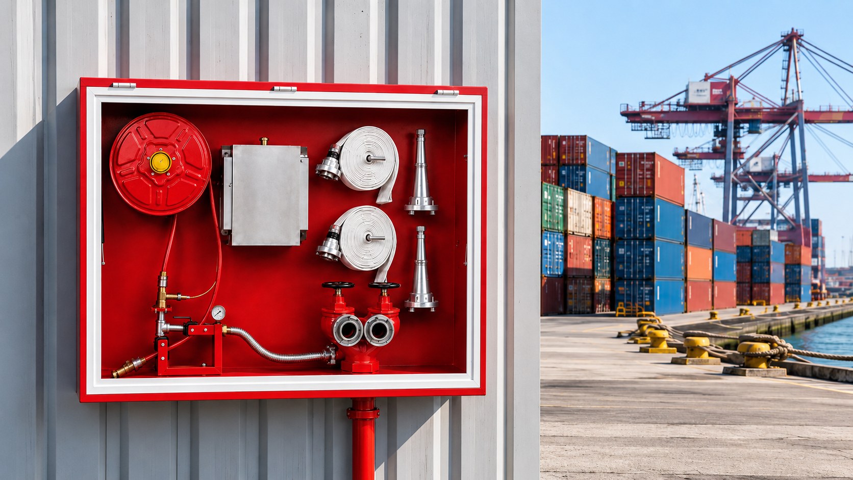 Wall-mounted foam hydrant cabinet with hose reels and nozzles at a container port dock